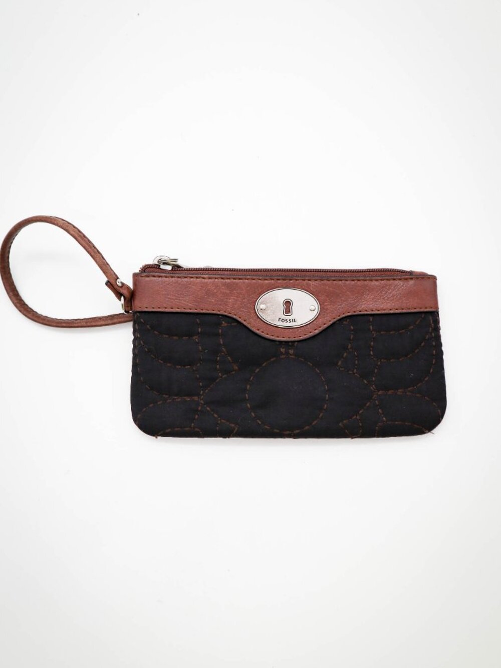 Fossil Key-Per Wristlet Wallet Clutch Womens Black Quilted Nylon & Leather Trim